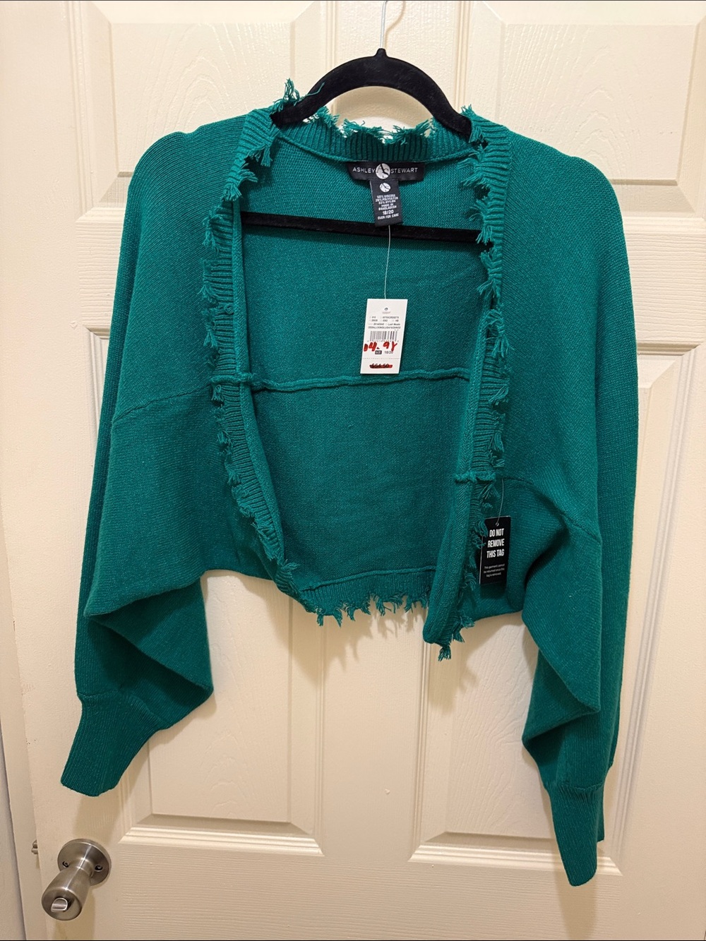 Ashley Stewart Teal Cropped Fringe Open-Front Cardigan